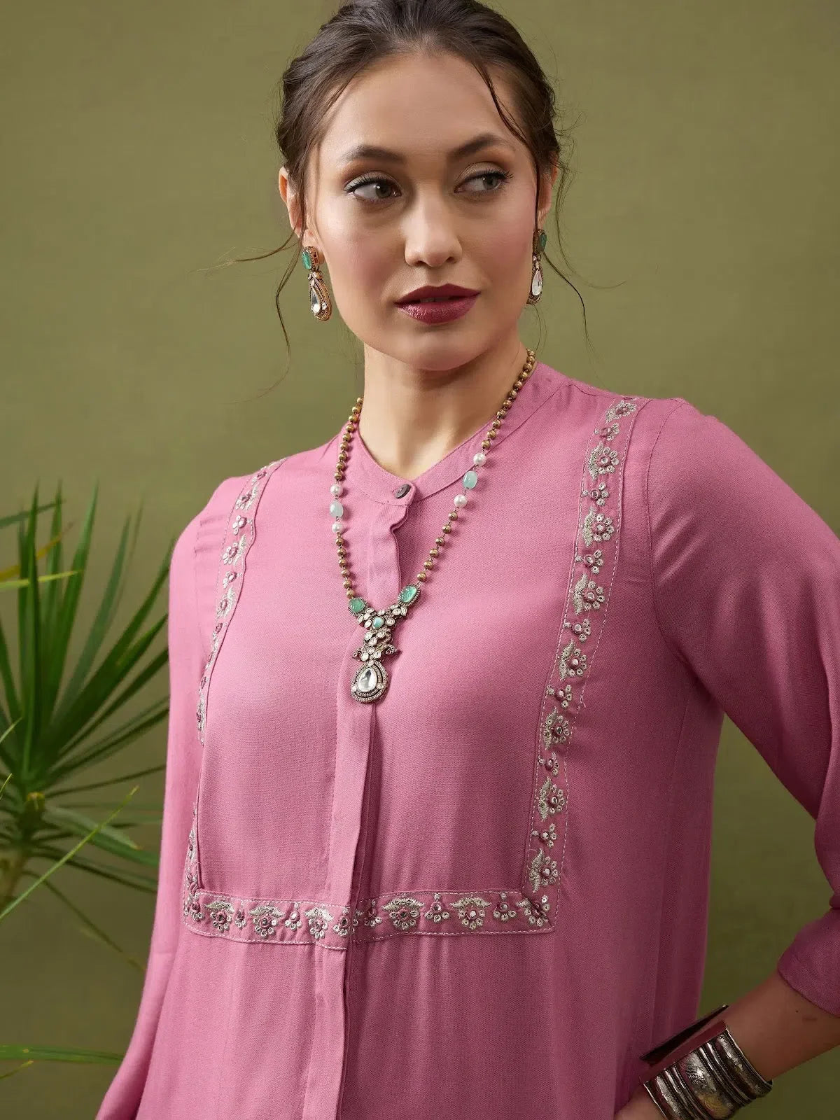 Pink Embroidered L-Shape Shirt & Palazzos - Indian Suits Set