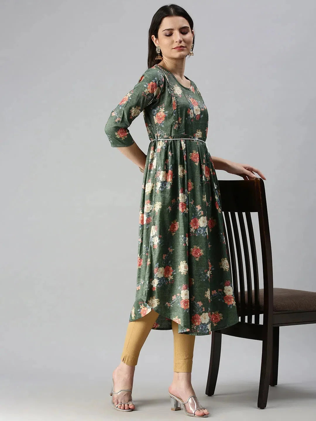 Green Printed A-Line Kurta for Women - Shop Indian Kurtas