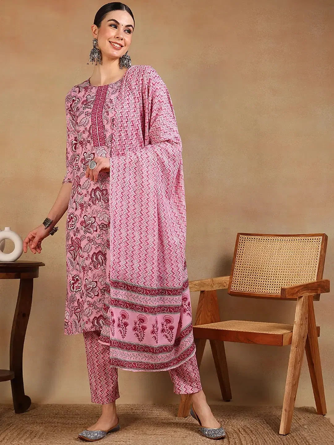Pink Floral Cotton Kurta Set | Women's Indian Kurta Sets Online
