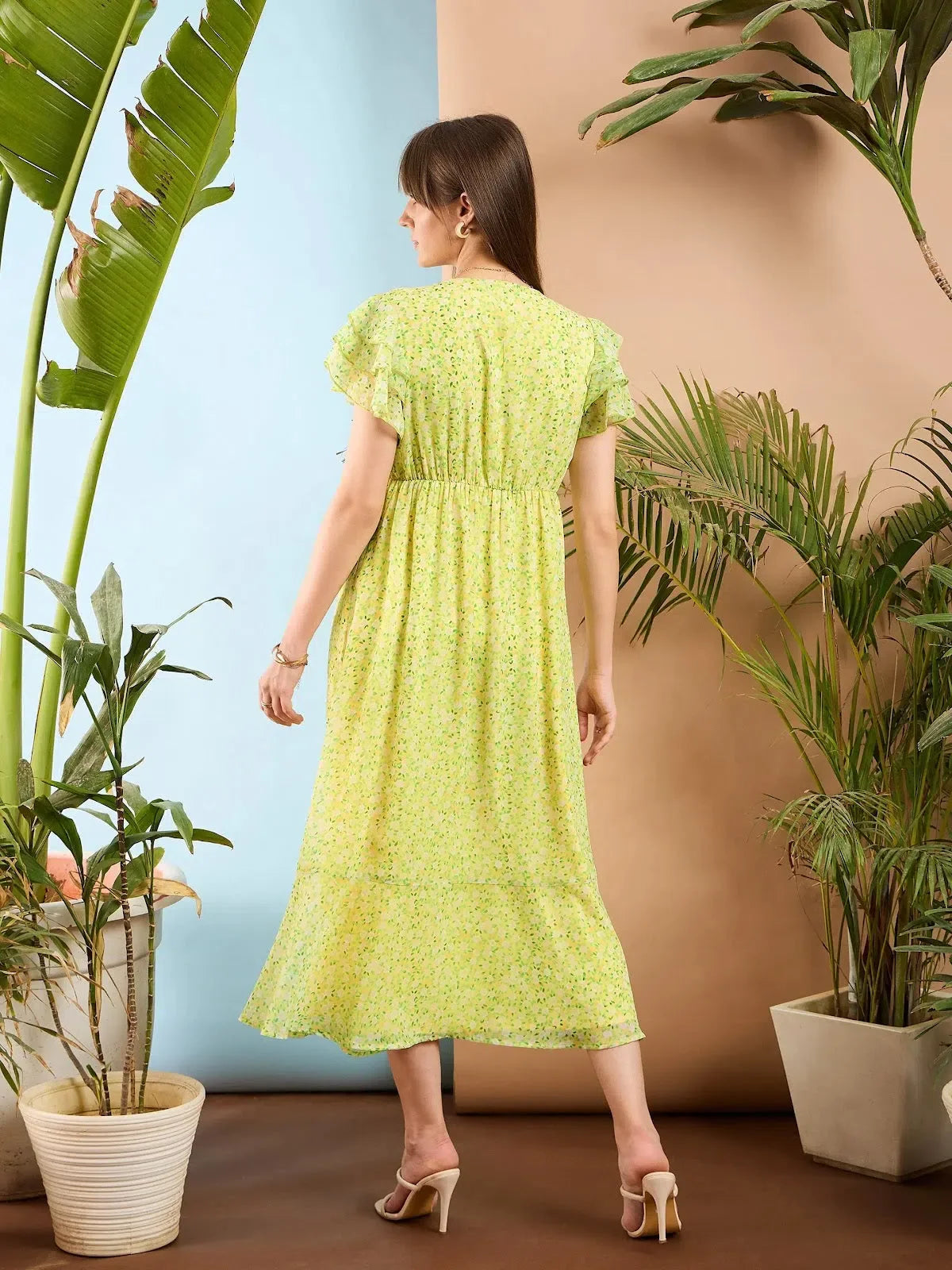 Floral Flared Sleeve Midi Dress - Women's Lime Yellow Georgette