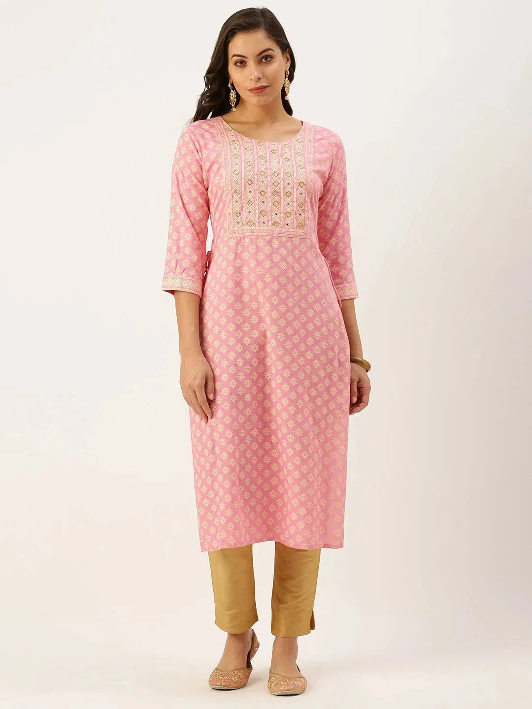 Pink Printed Cotton Straight Kurtas | Women's Indian Kurtis