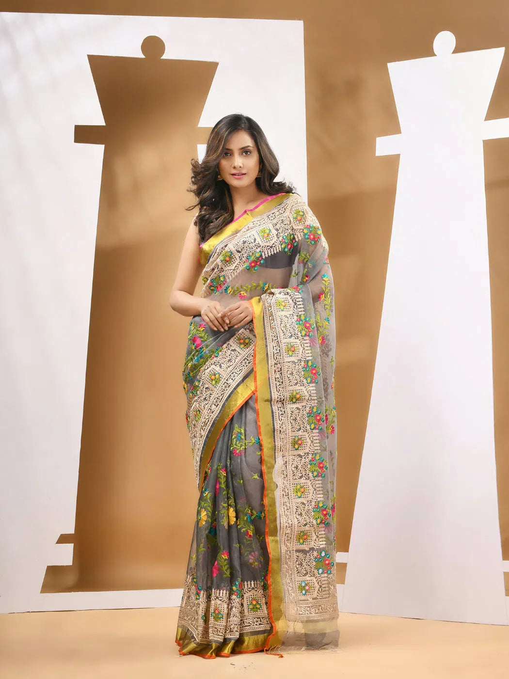 Grey Silk Saree: Embroidered Indian Sari Elegance