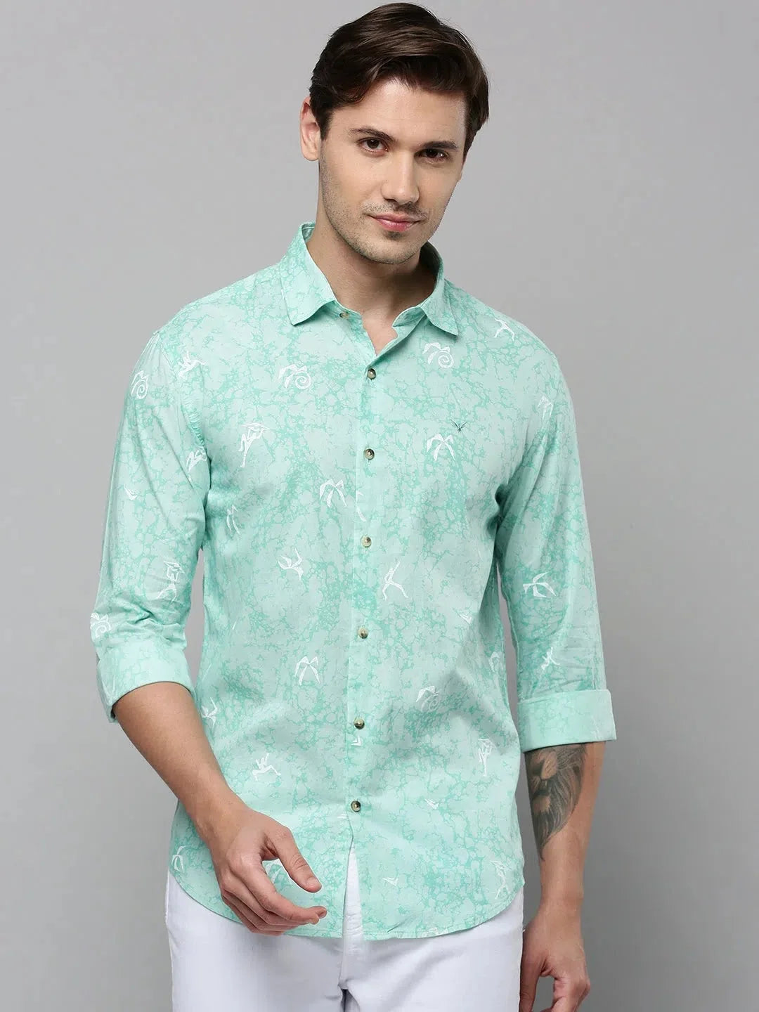 Men's Green Printed Shirt - Cotton Casual Mens Shirt DesiQlo