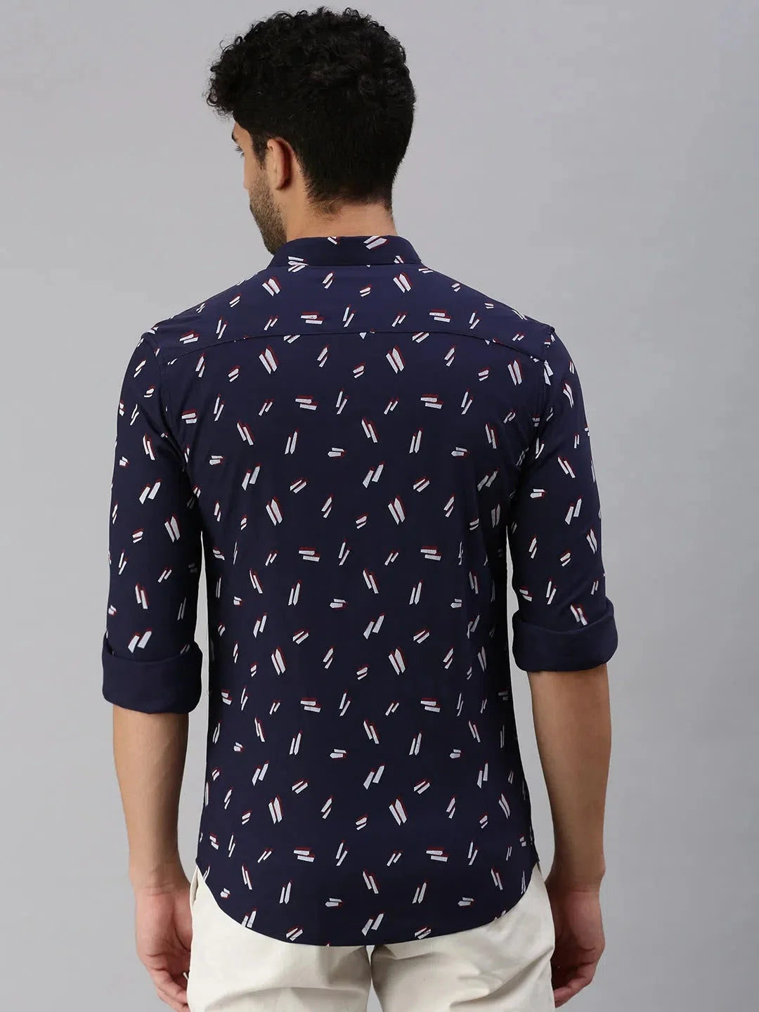 Men's Navy Blue Printed Cotton Shirt | DesiQlo