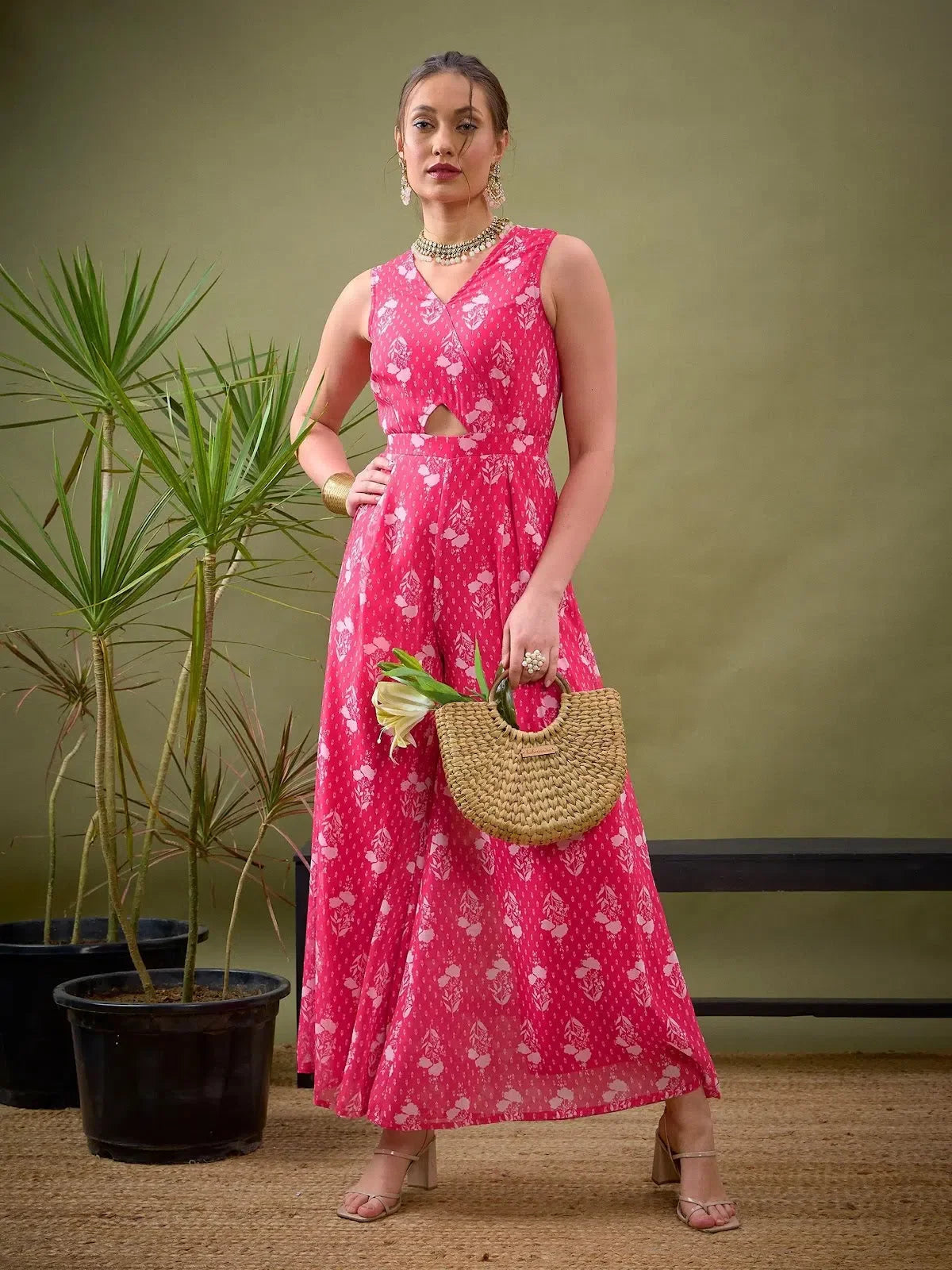 Fuchsia Floral Jumpsuit | Sleeveless Wrap Jumpsuit