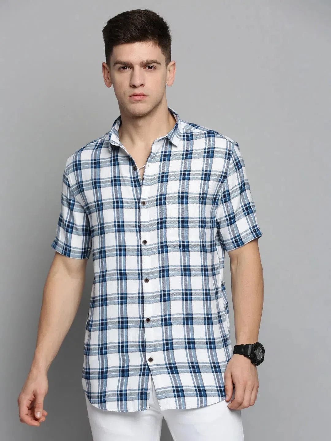 Trendy White Checked Mens Shirt - Cotton Casual Shirt
