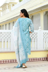 Women Blue Tissue Linen Embroidered Solid Kurta Set With Solid Pants & Printed Dupatta-143-Vaas-Blue