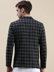 Men Black Checked Notched Lapel Blazer-SOBLZ-31-3-Black