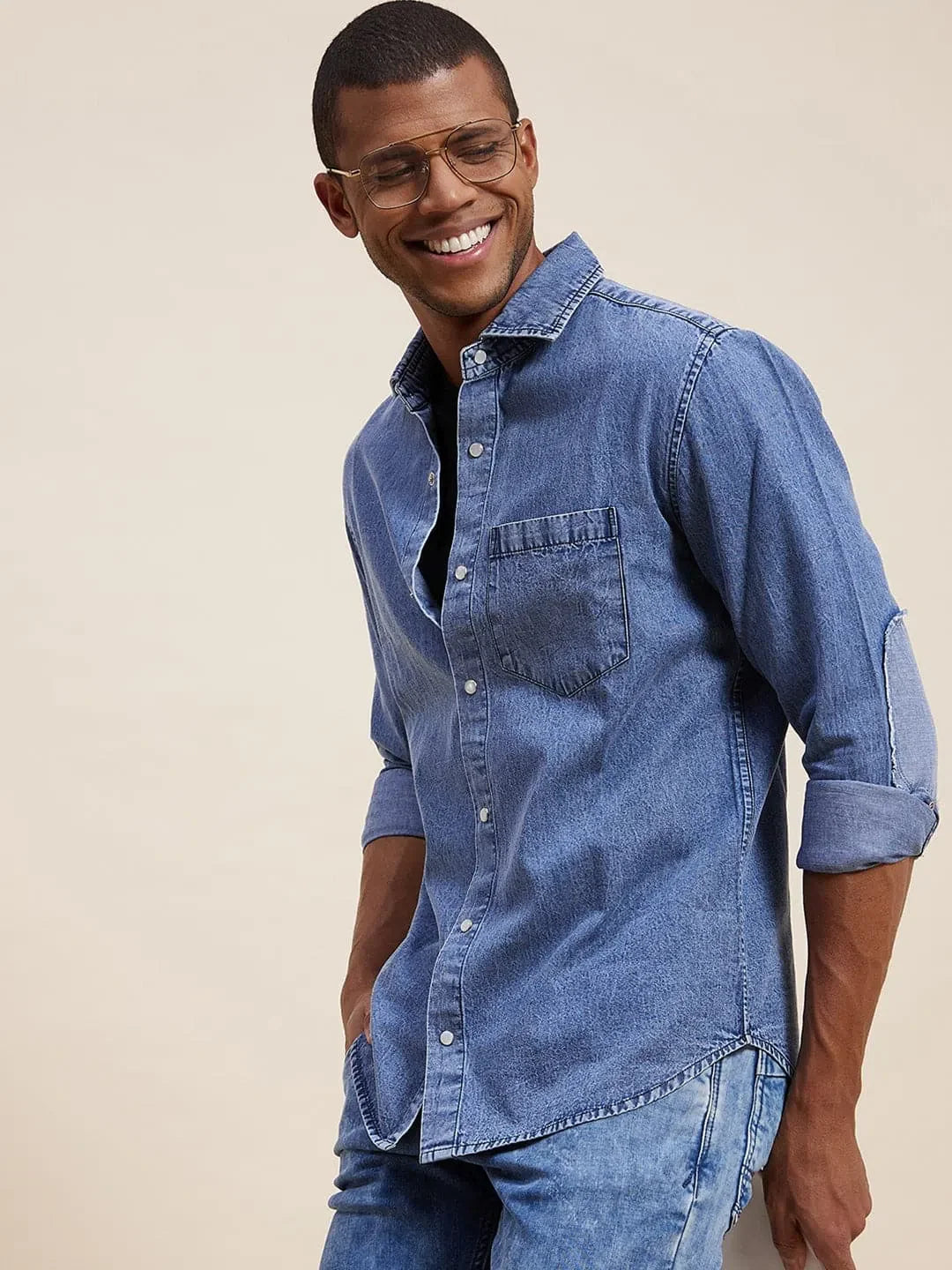 Men's Navy Tencel Elbow Patch Shirt | Modern Style