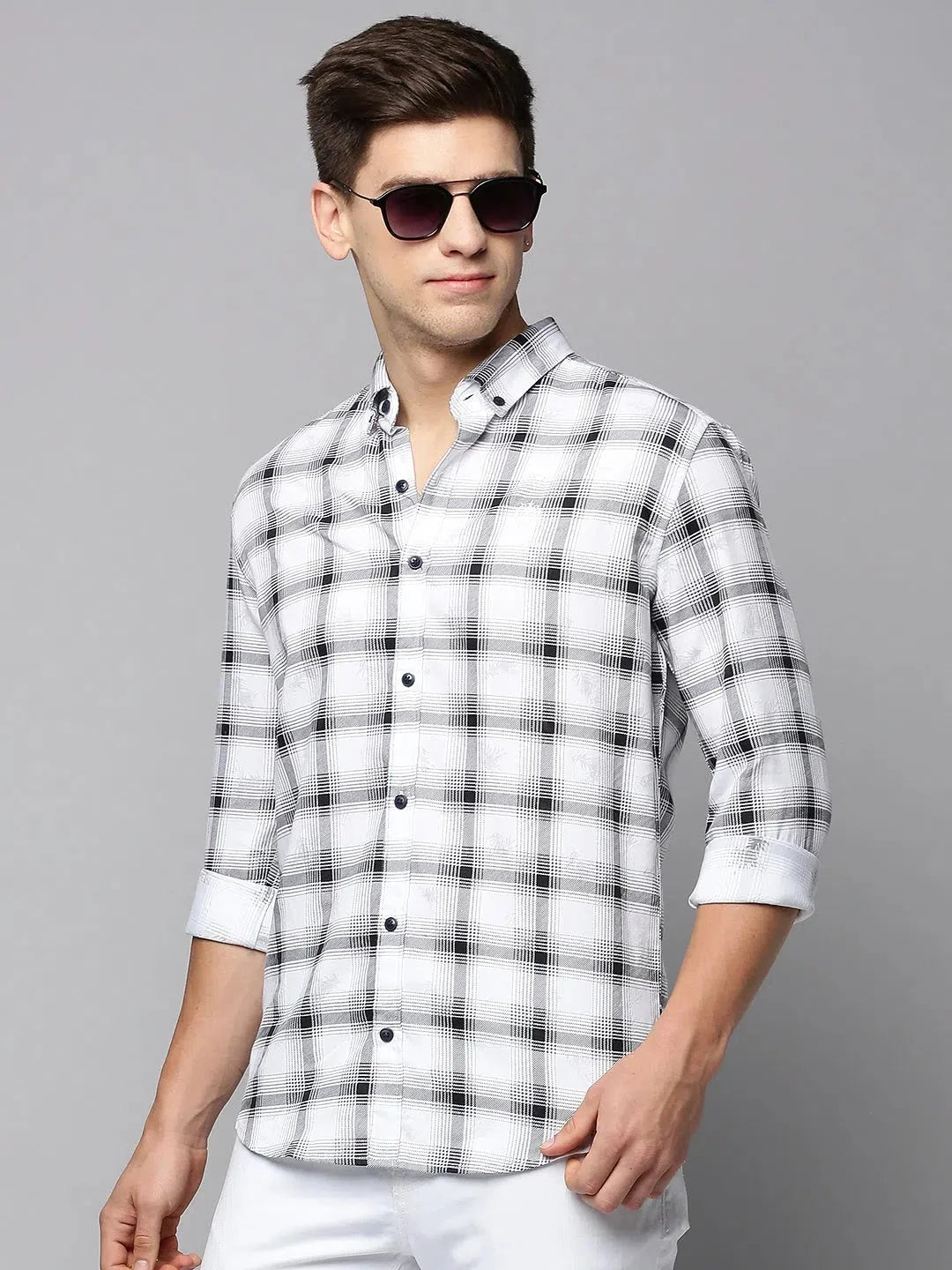 Men's White Checked Cotton Shirt | Casual & Stylish