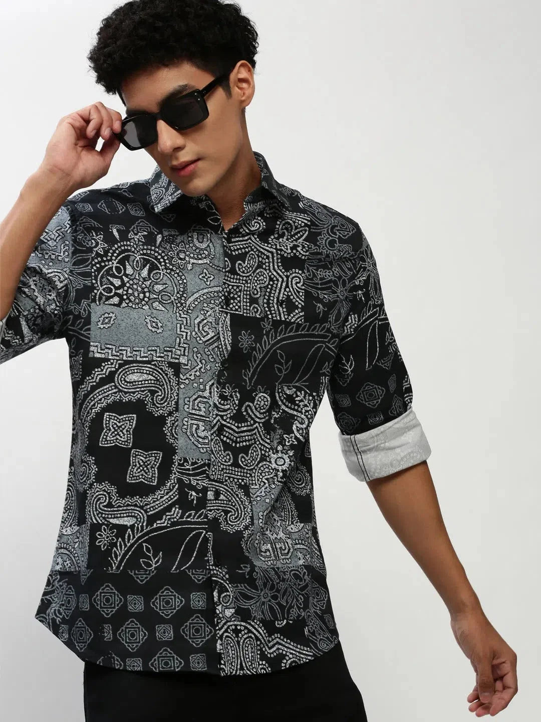 Men's Black Printed Shirt - Ethnic Motif Cotton Casual Shirt