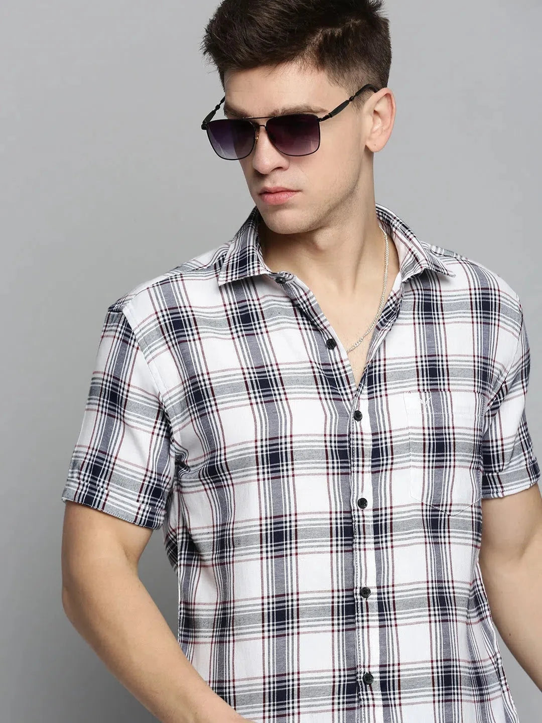 Mens Shirt White Checked Casual Cotton Shirt | DesiQlo
