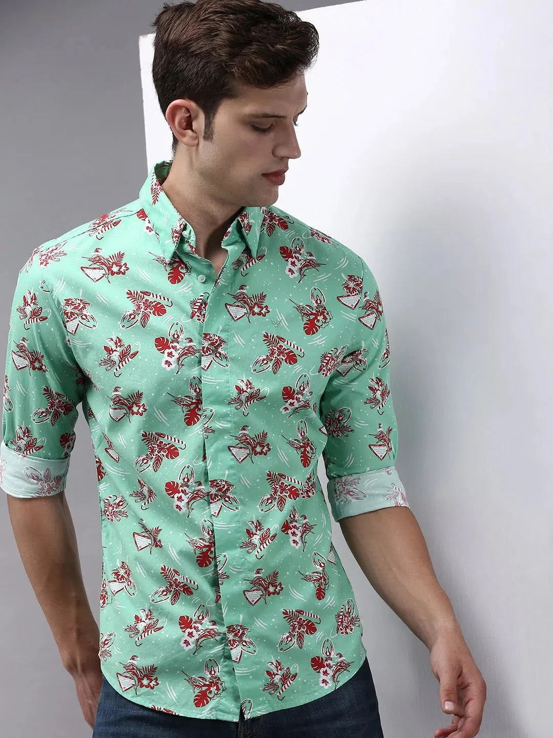 Men Green Printed Casual Shirt-PERRYPRINT-1854-Green