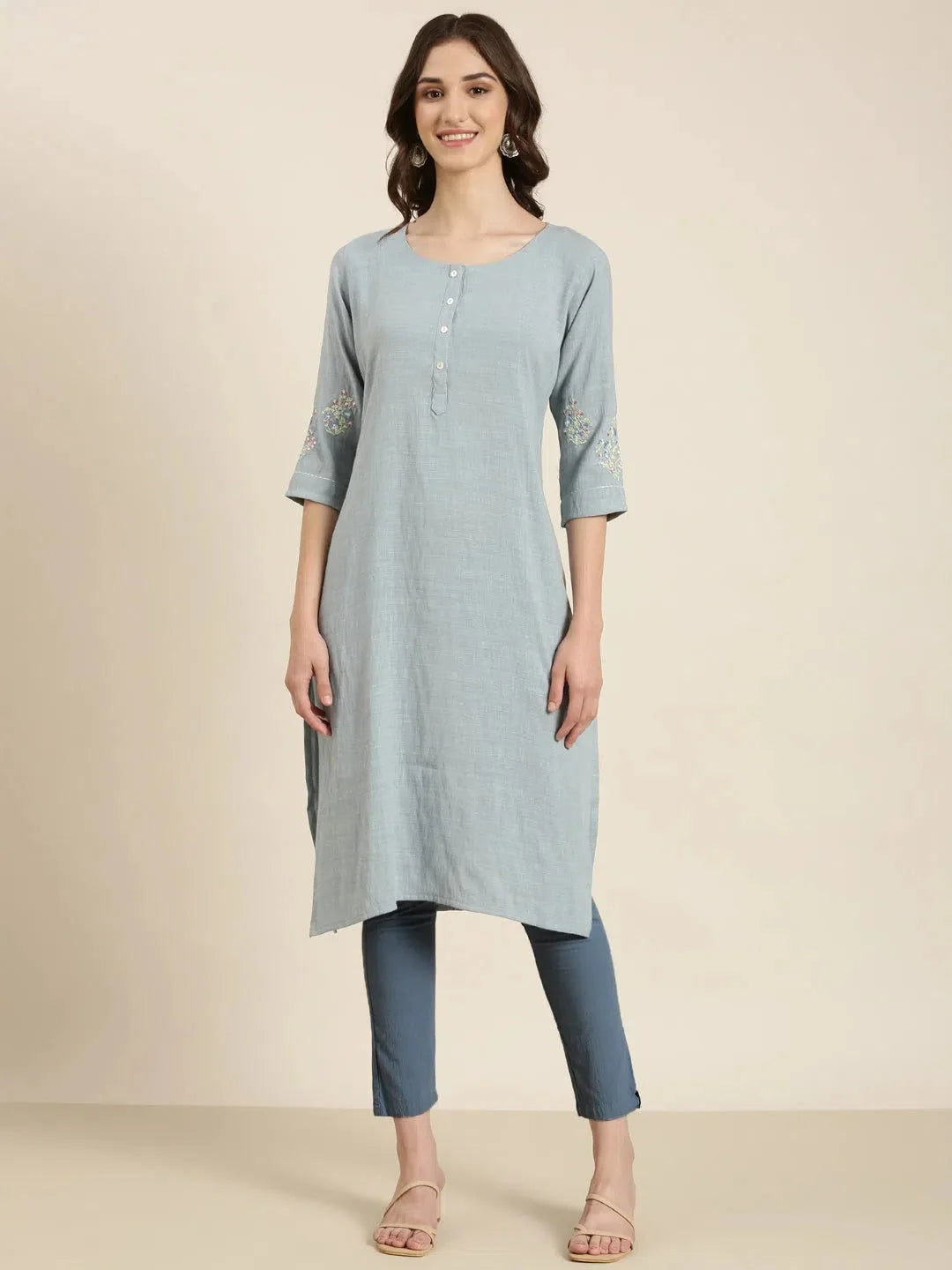 Blue Solid Cotton Kurta: Classic Indian Kurta for Ladies