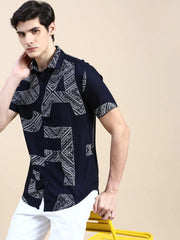 Men Navy Typographic Casual Shirt-GEORGE-1604-Navyblue
