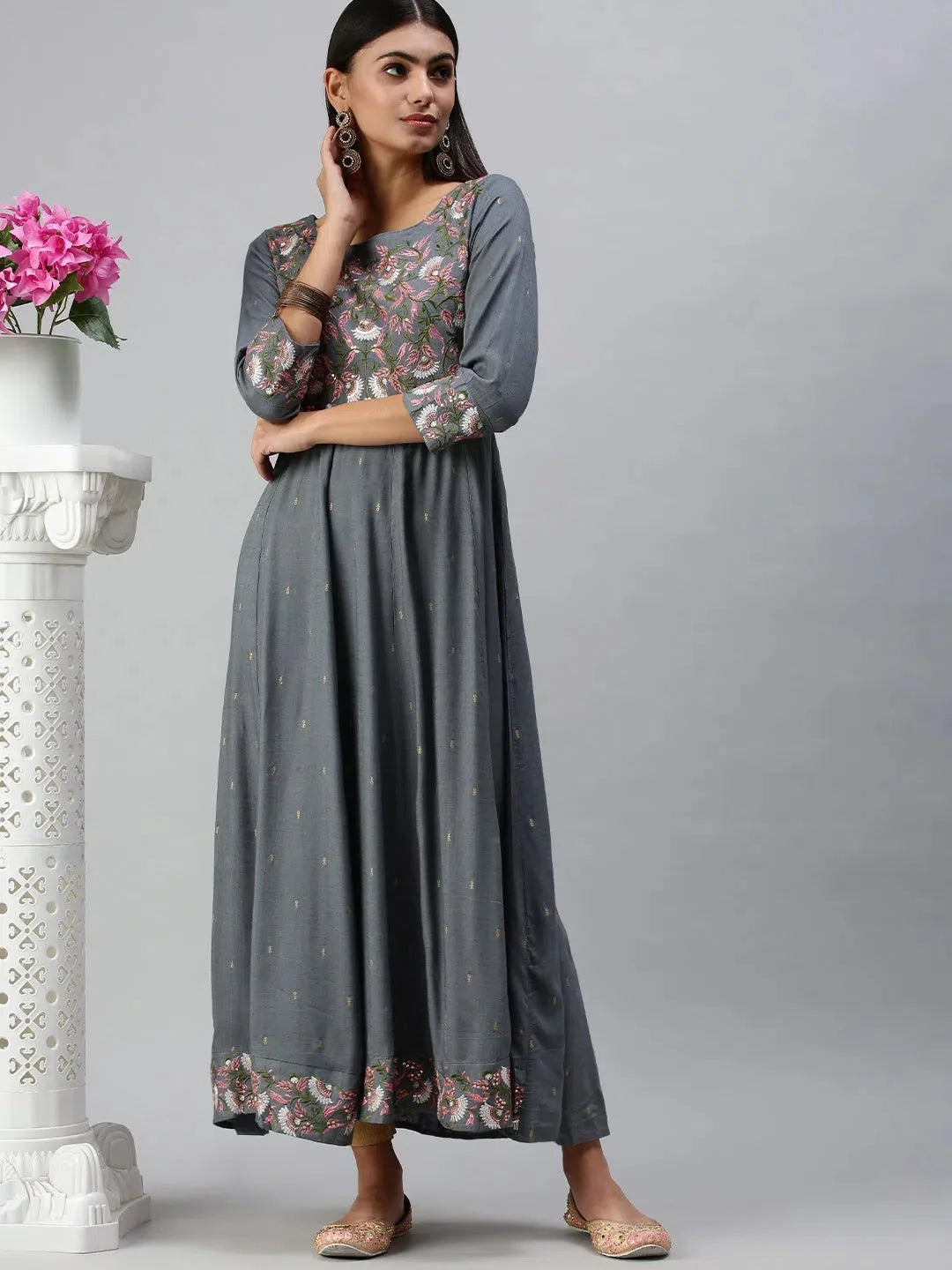 Blue Floral Anarkali Kurta for Women | Cotton Anarkali Kurti