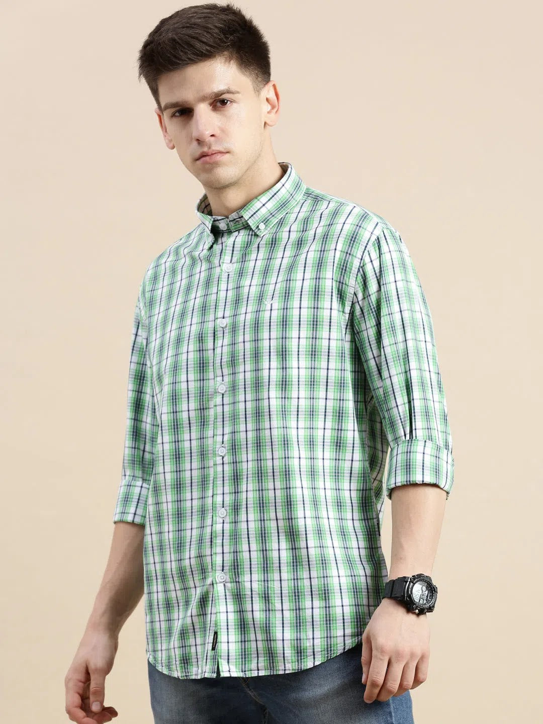 Green Checked Mens Shirt - Cotton Formal Shirts | DesiQlo
