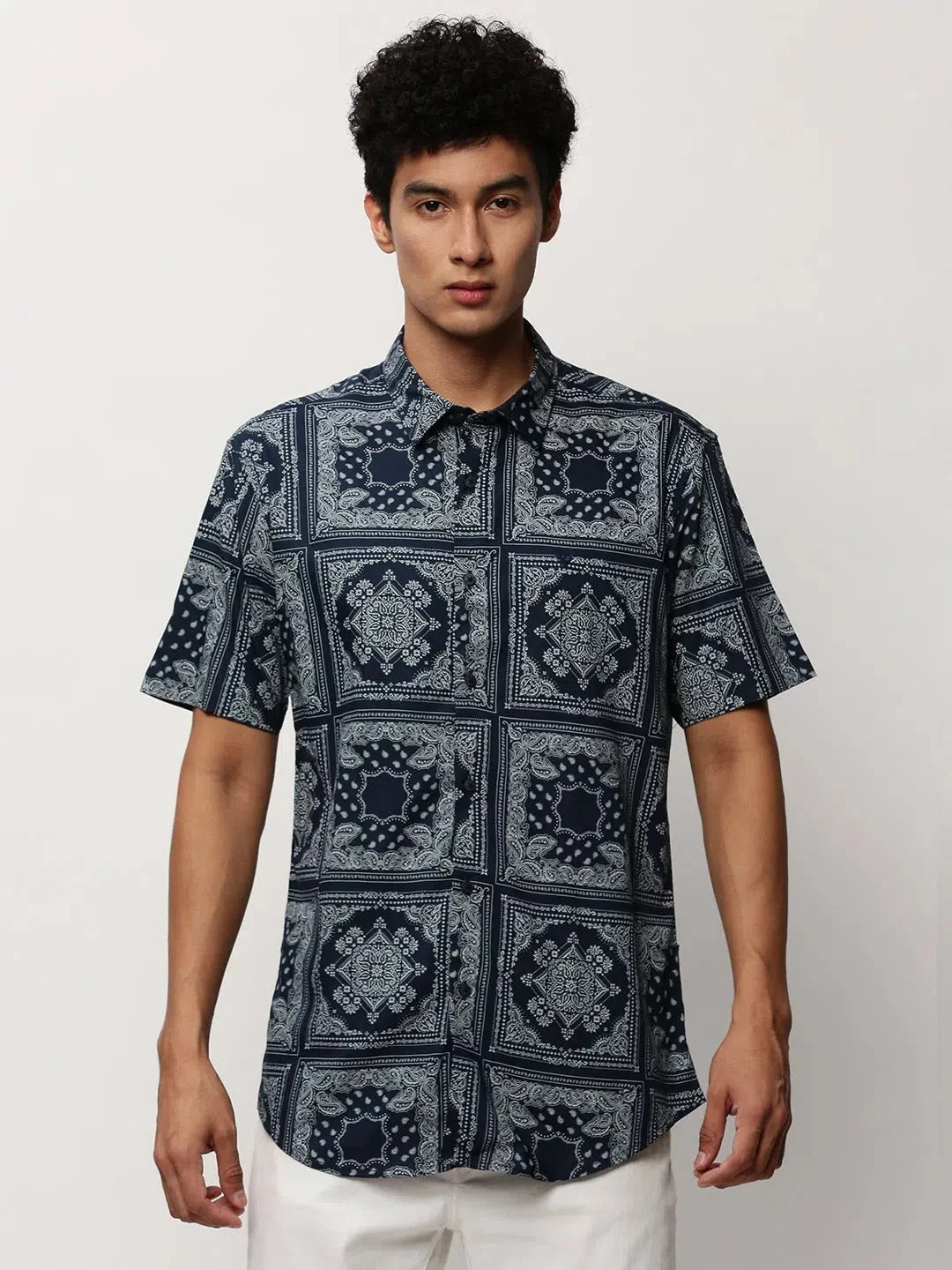 Navy Printed Shirt | Ethnic Motif Mens Cotton Shirt- DesiQlo