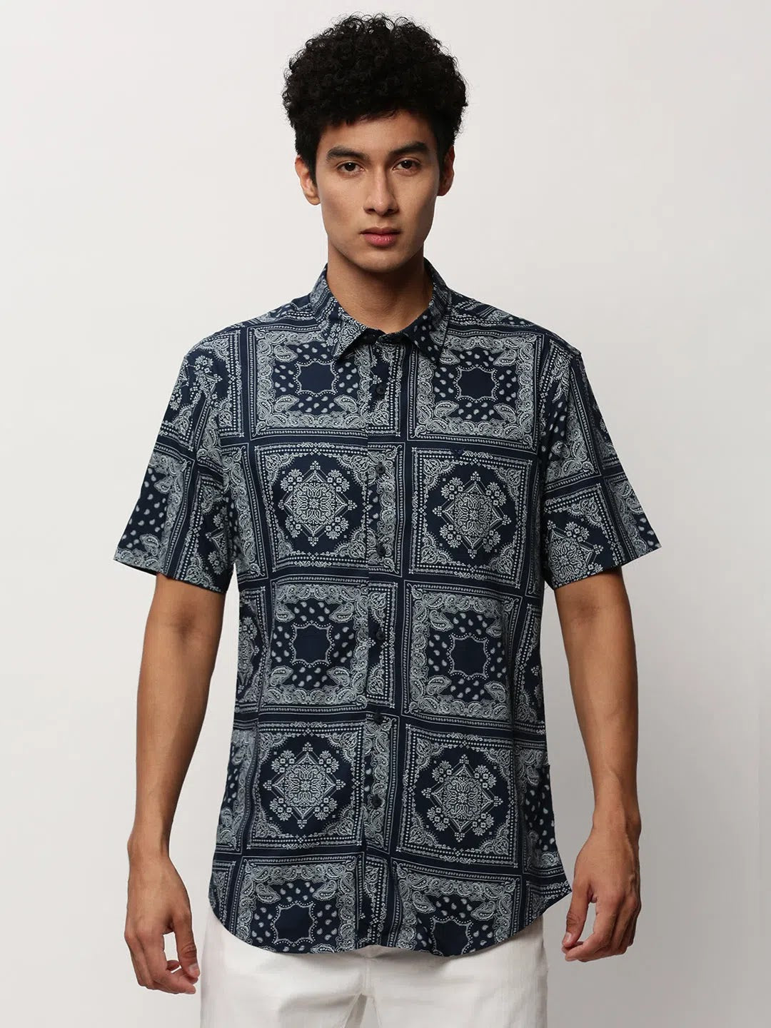 Navy Printed Shirt | Ethnic Motif Mens Cotton Shirt- DesiQlo