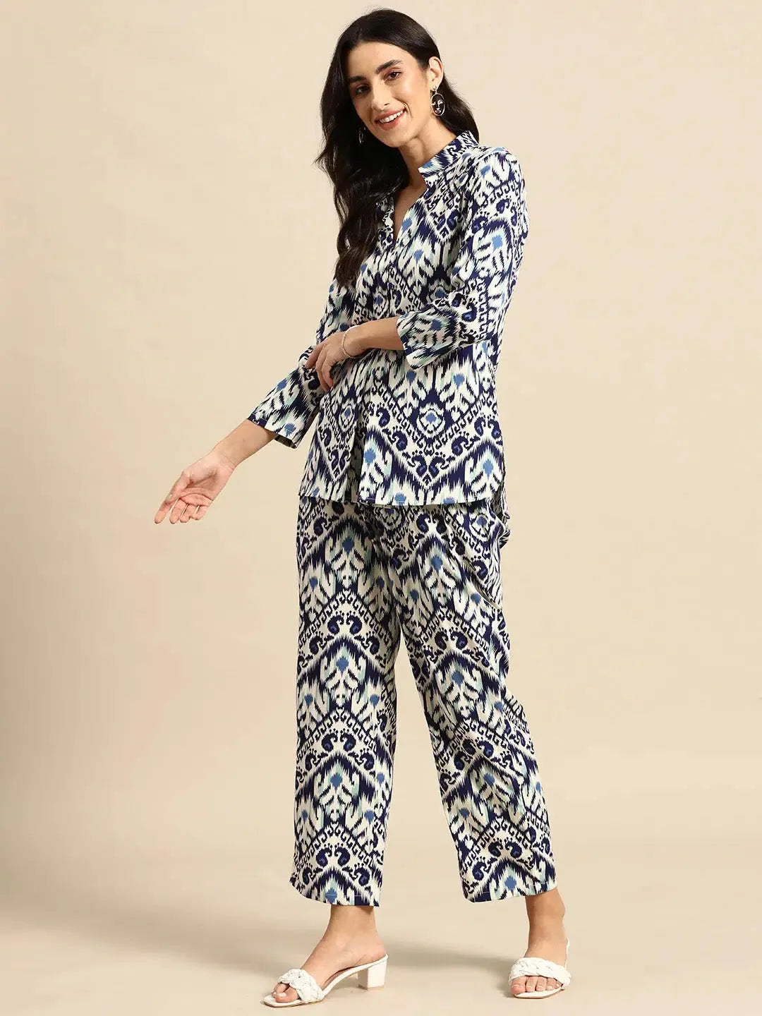 Blue Ikkat Print Box Pleat Shirt & Flare Plants | New Arrival