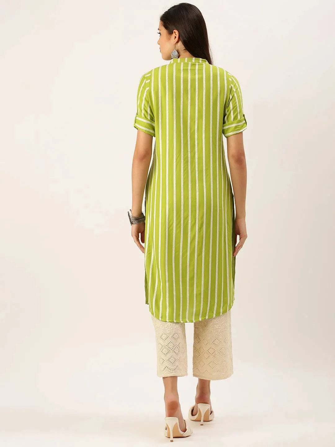 Green Striped Cotton Kurta | Women's Indian Kurta by DesiQlo