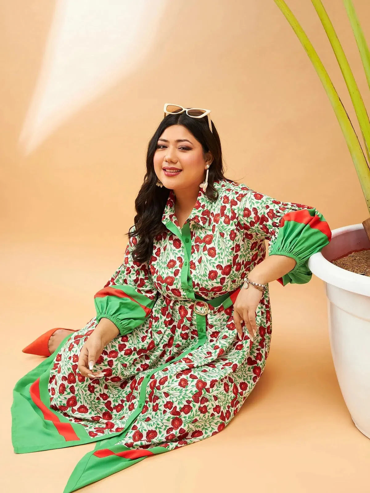 Green Floral Midi Shirt Dress - Women's Lehenga Choli Style