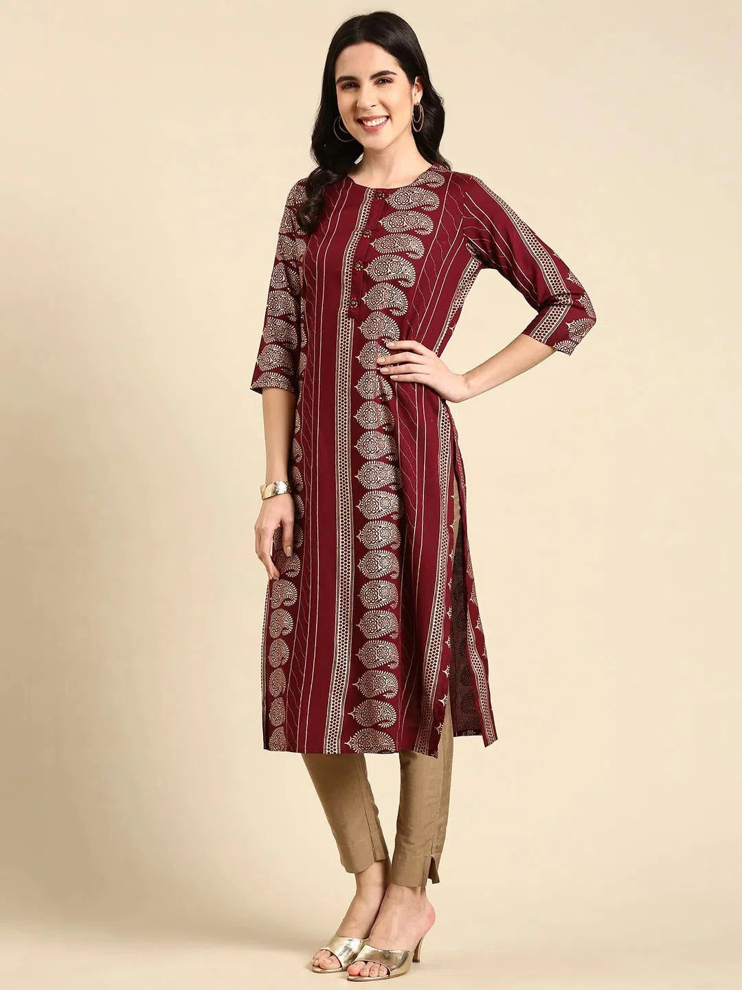 Burgundy Printed Kurta: Women's Cotton Indian Kurtas Online