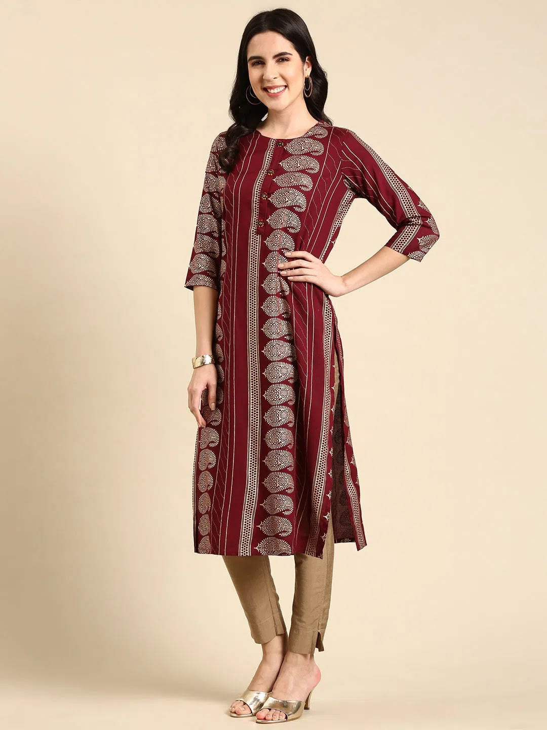 Burgundy Printed Kurta: Women's Cotton Indian Kurtas Online