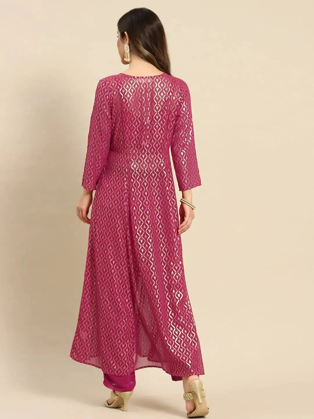 Magenta Jacket Set: Crop Top & Pants - Women's Lehenga Look