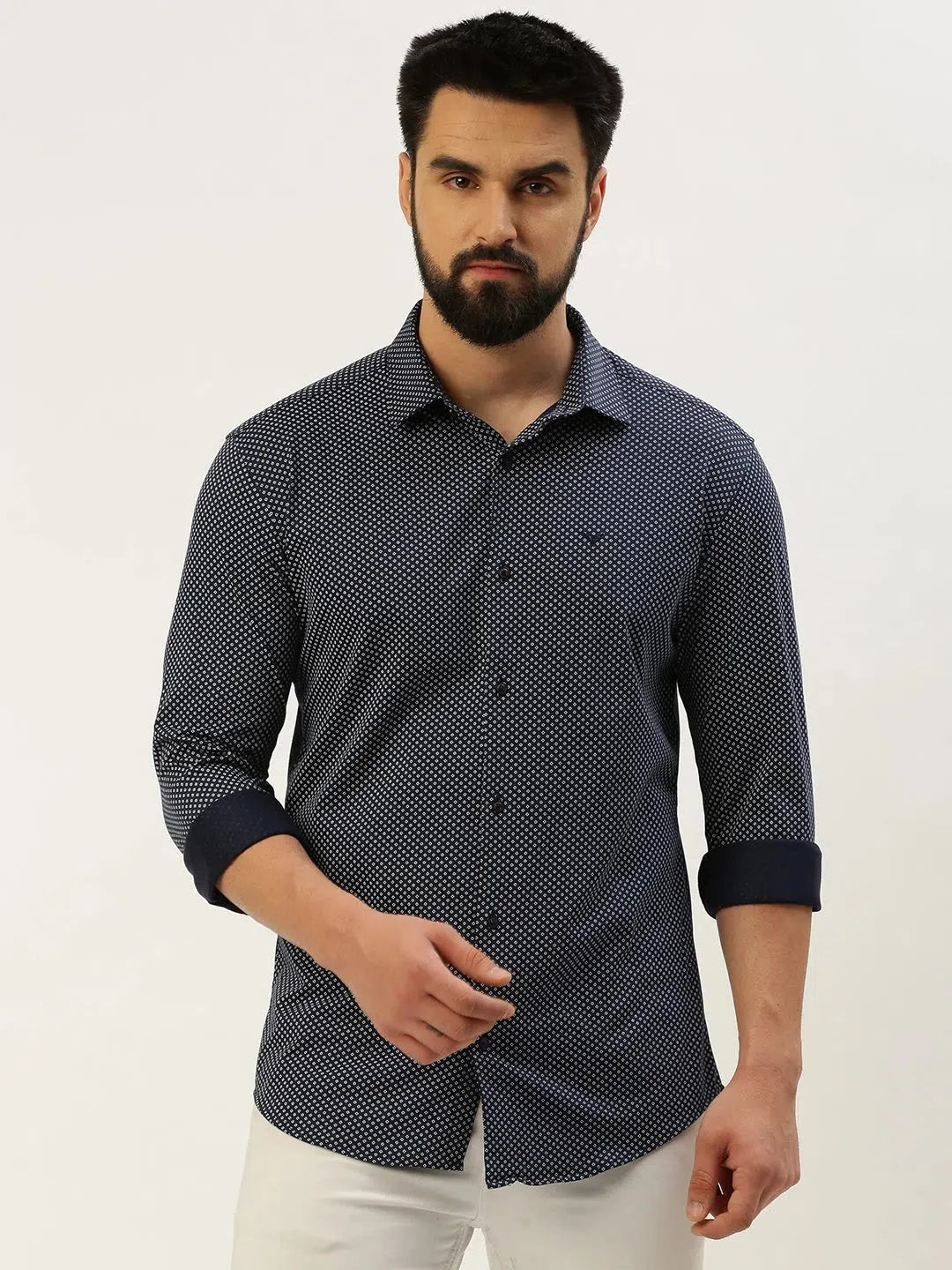 Trendy Navy Printed Mens Shirt - Cotton Casual Shirt | DesiQlo