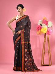 Midnight Blue Cotton Blend Handwoven Saree With Floral Motifs-MA51BCT431600001