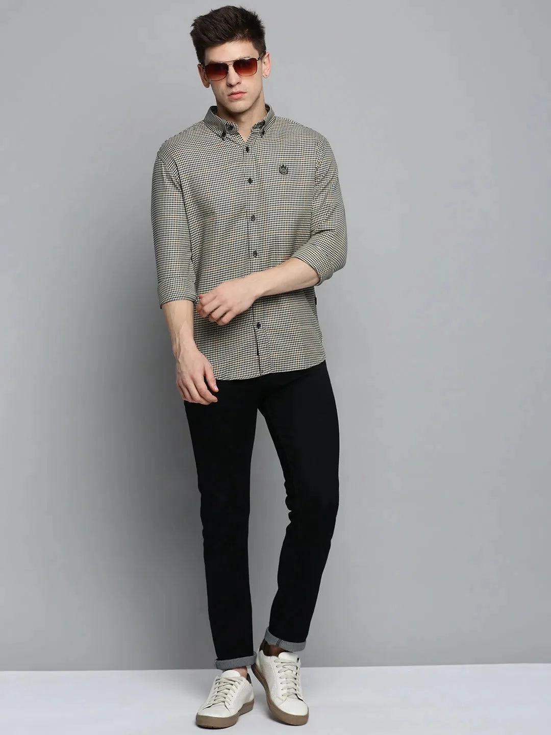 Beige Checked Mens Shirt - Casual Cotton Shirt | DesiQlo
