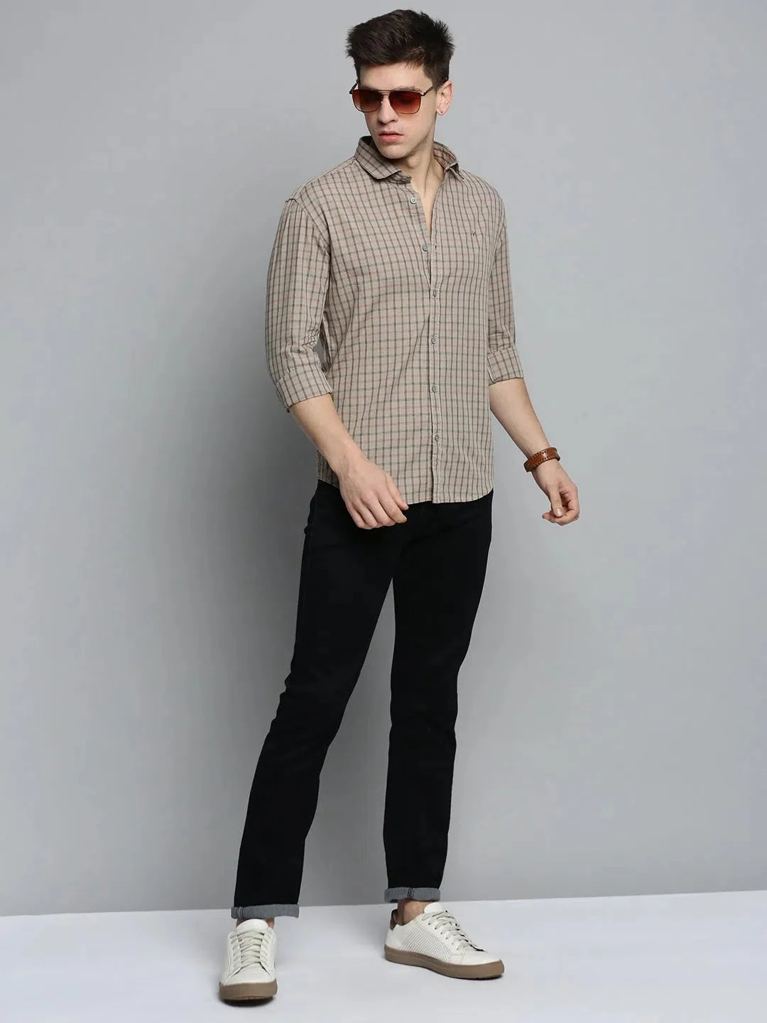 Beige Checked Cotton Mens Shirt - Stylish Casual Shirts