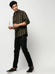 Men Green Striped Casual Casual Shirts-YARROWSTRIPE-5638-Olive