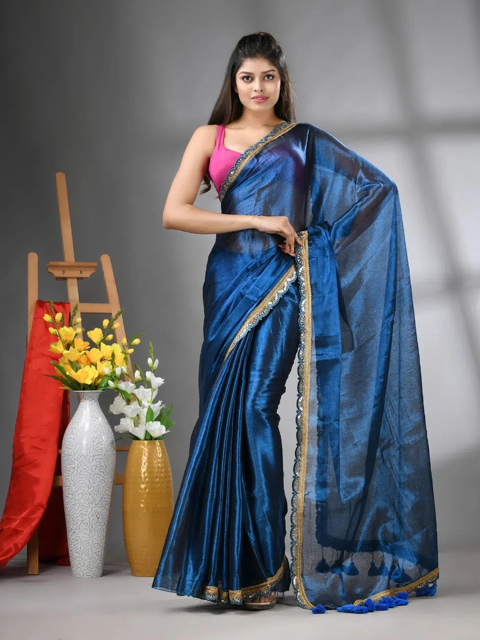 Sapphire Blue Shimmer Cotton Saree | Designer Sarees India