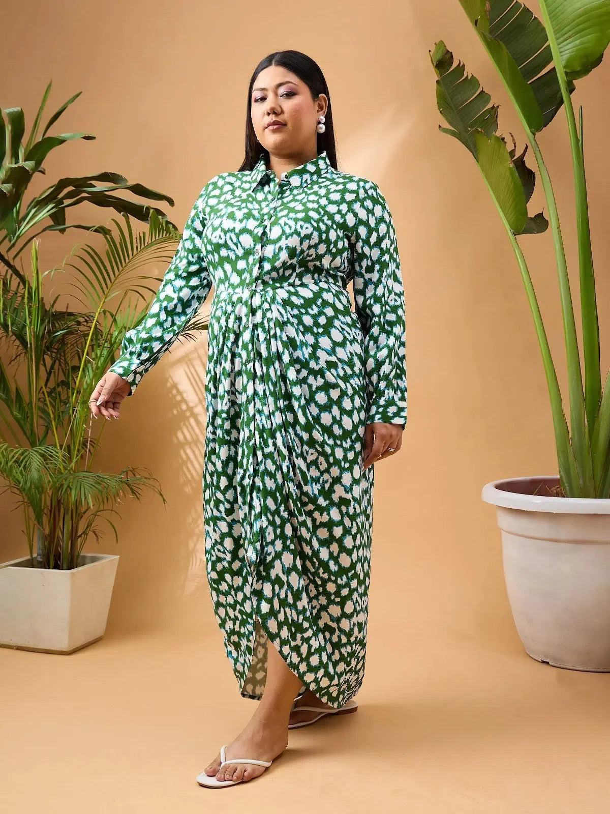 Green & White Print Midi Dress - Button Front Rayon Dress