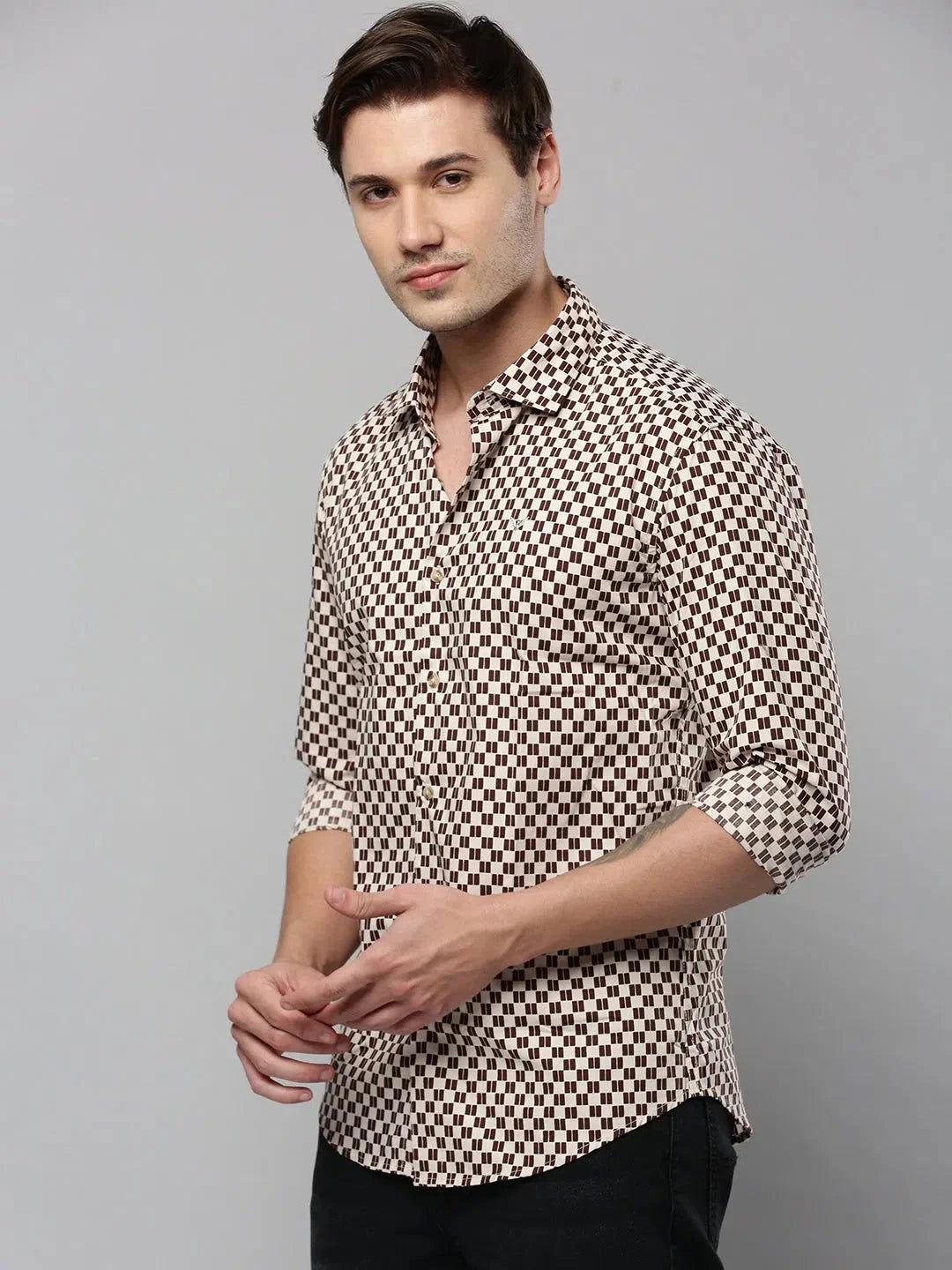 Beige Printed Mens Shirt - Casual Cotton Shirt | DesiQlo
