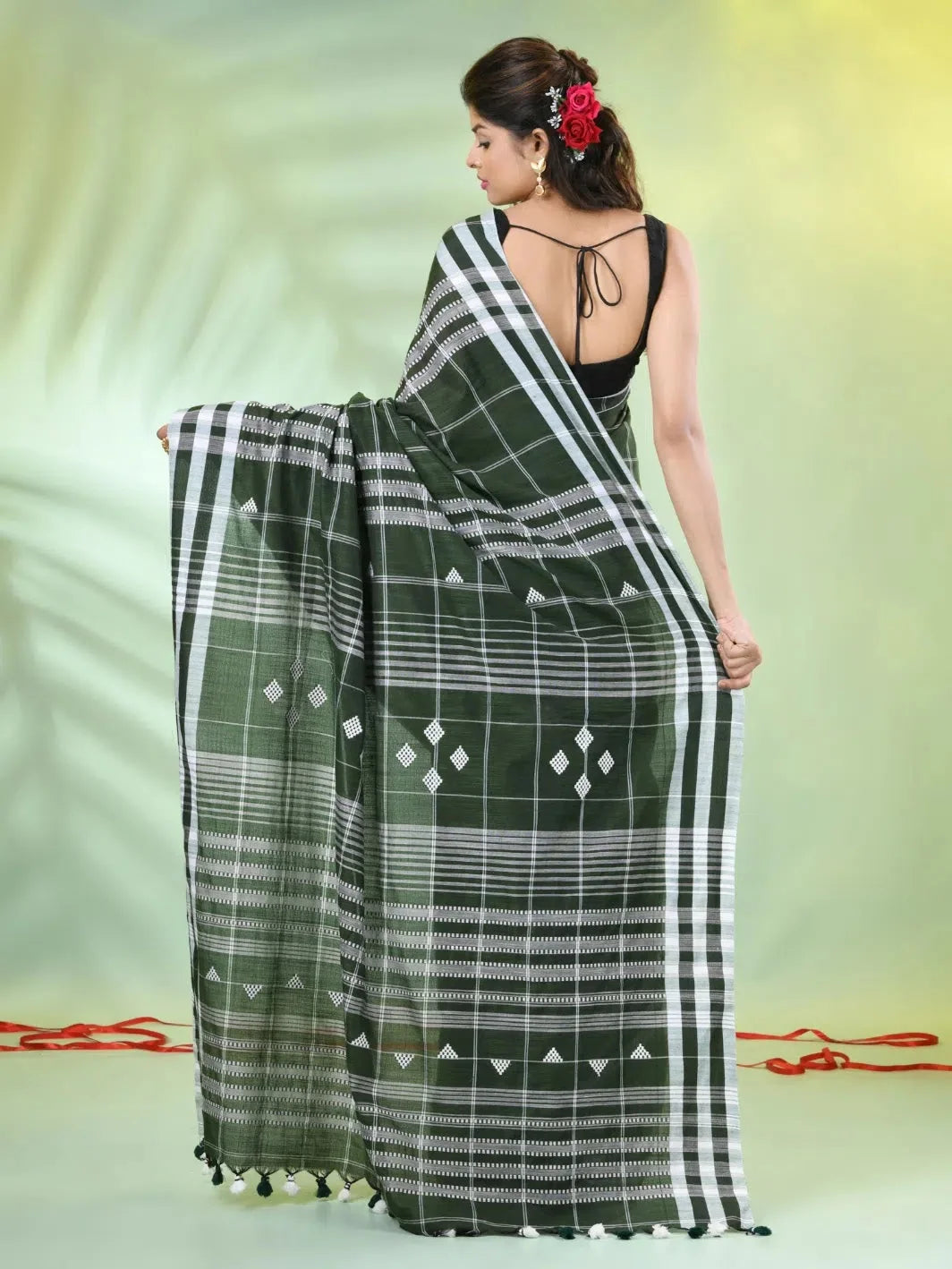 Moss Green Cotton Check Saree | Indian Wedding Sarees