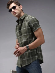 Men Green Checked Casual Shirt-ACHIEVERCHECKS-1188-Olive