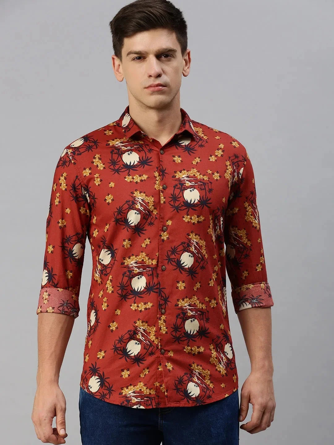Rust Printed Mens Shirt - Viscose Casual Shirt | DesiQlo