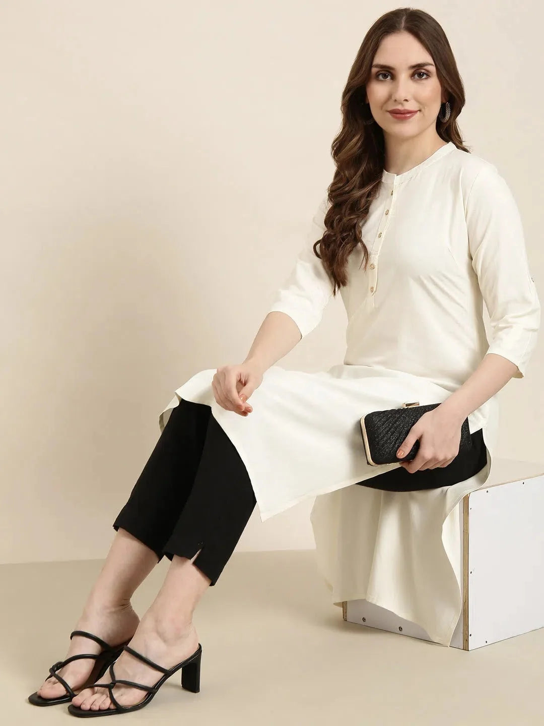 Women Straight Cream Solid Kurta-DF-1385-Cream