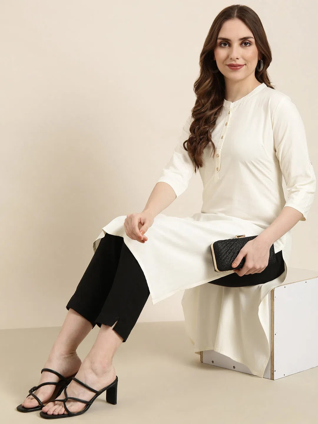 Cream Cotton Kurta for Women | Solid Indian Kurtis Online