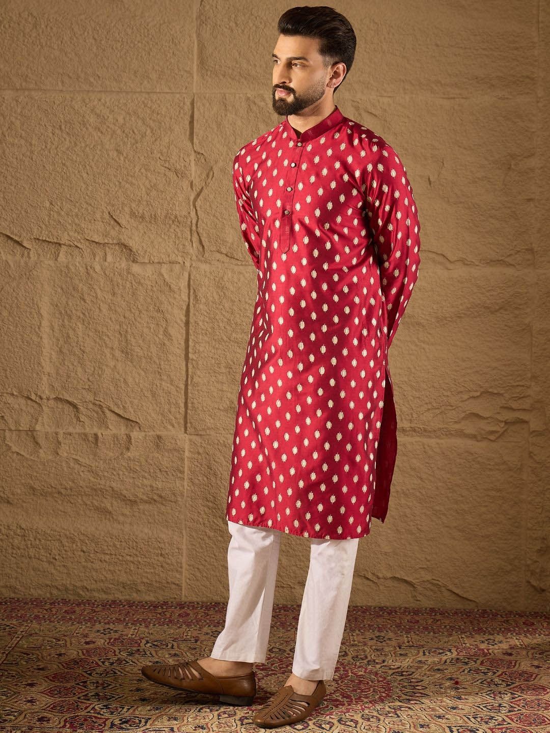 Ethnic Bay Men Maroon Silk Ikat Printed Straight Kurta With Pant Set-MKSET1281