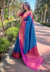 Womens Fashion Ethnic Kanjeevaram Blue Color Sarees-MLSHWSA2022BLU