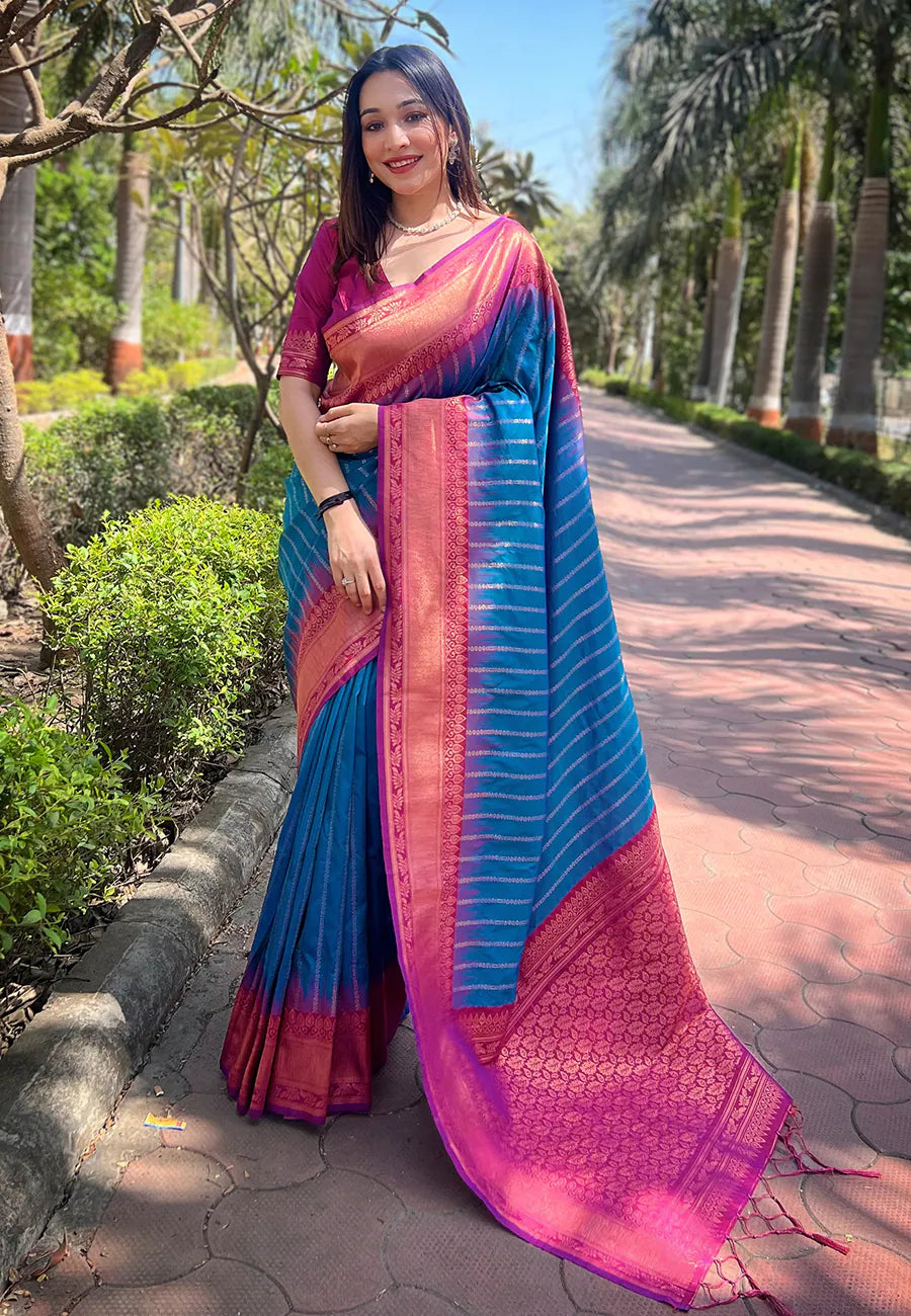 Blue Kanjeevaram Style Indian Sarees - Ethnic Elegance