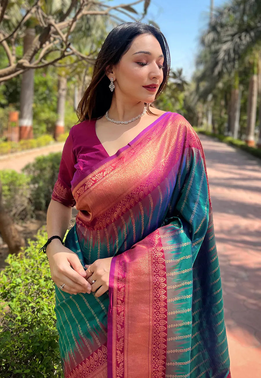 Green Kanjeevaram Style Polyester Saree | Indian Sarees