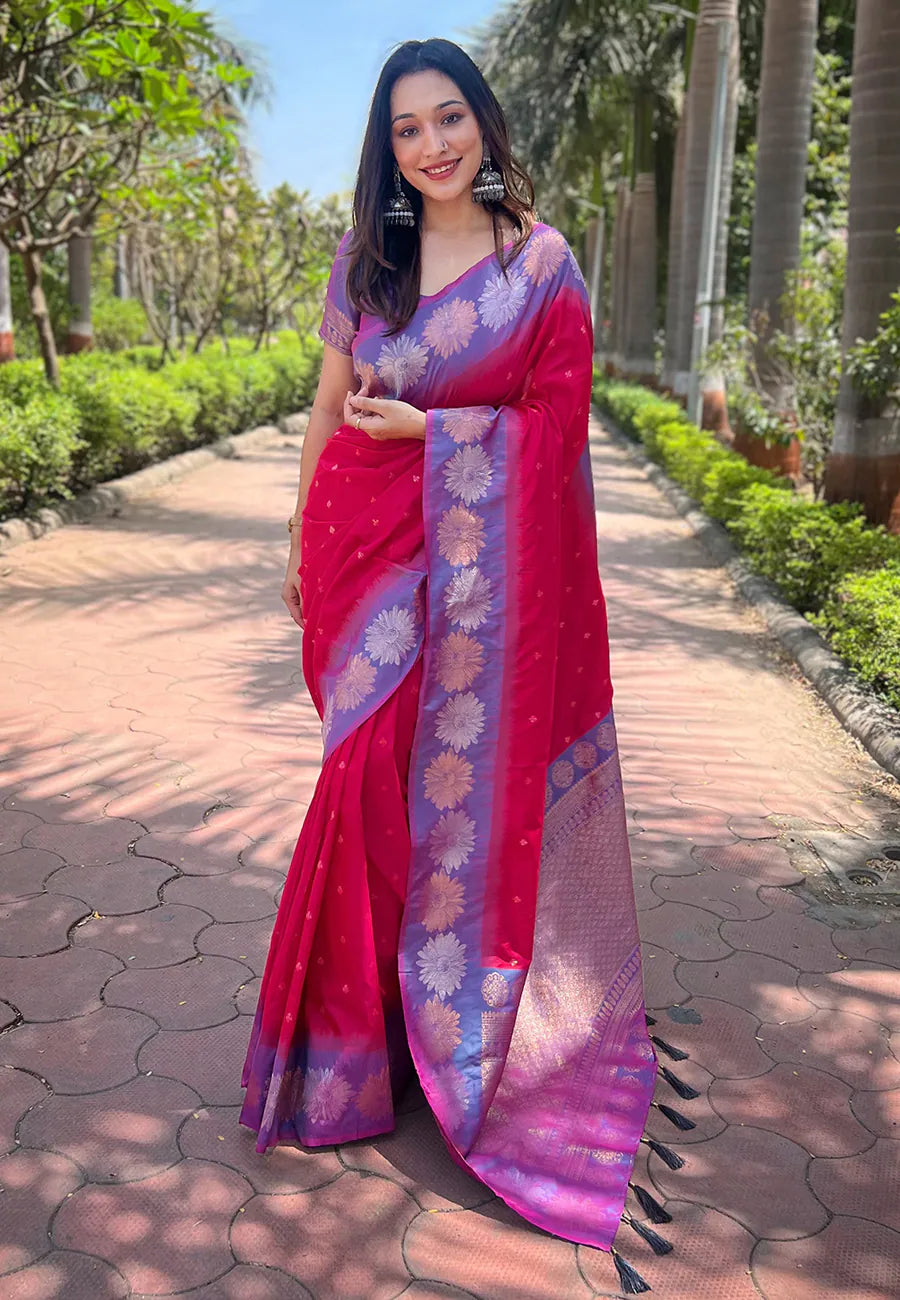 Pink Kanjeevaram Style Indian Sarees - Woven Polyester