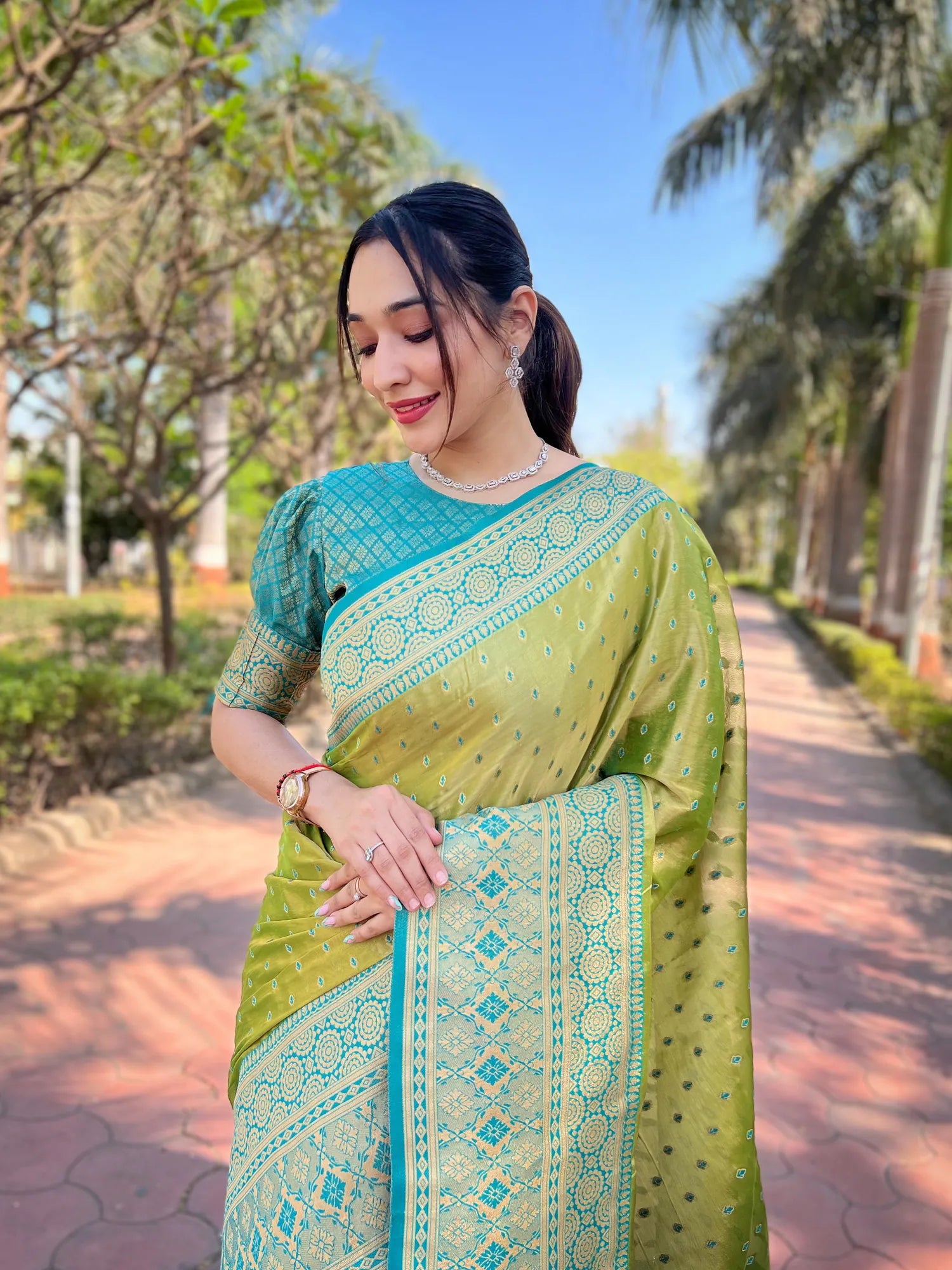 Green Kanjeevaram Style Indian Sarees - Polyester Woven Design
