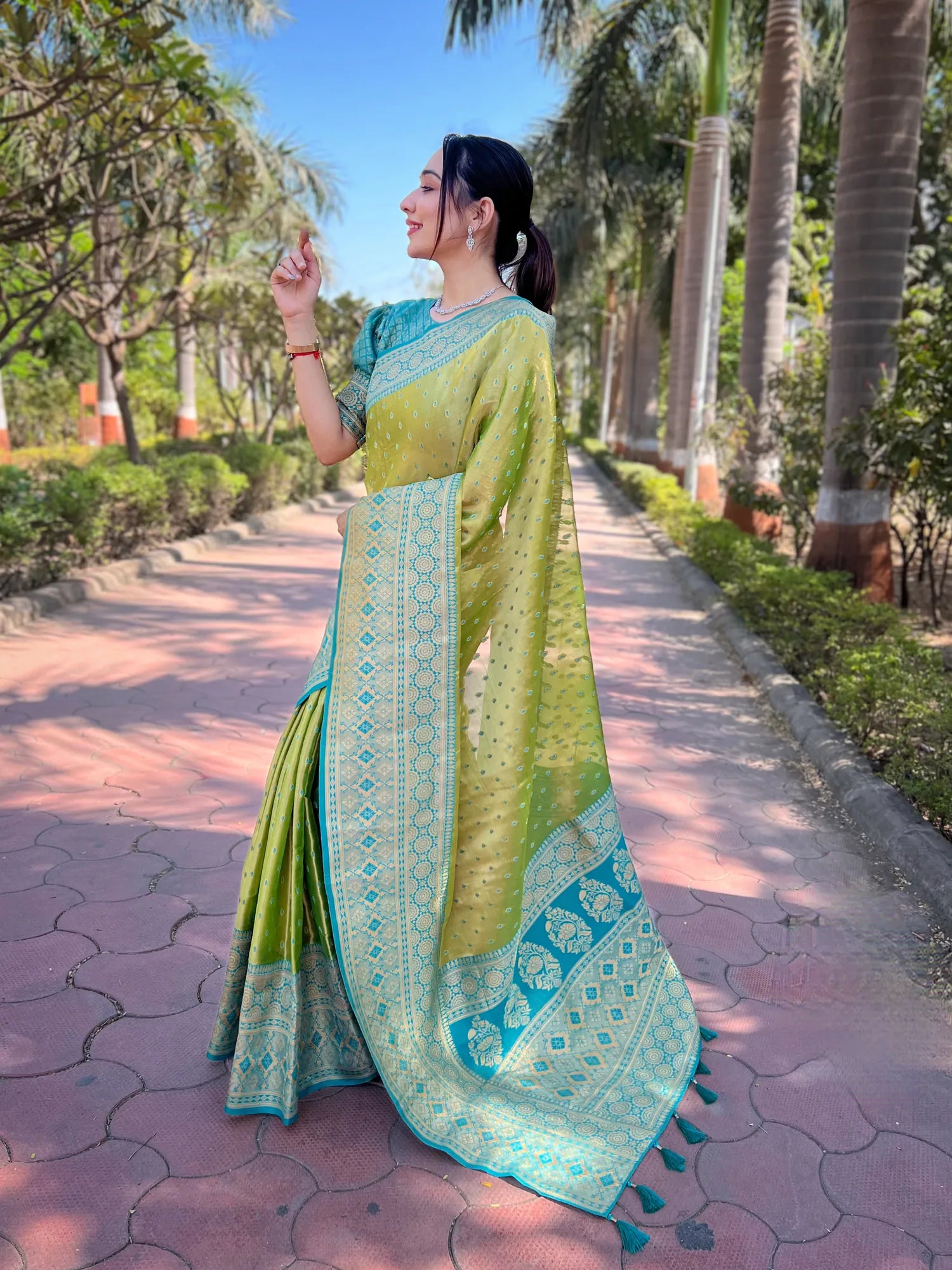 Green Kanjeevaram Style Indian Sarees - Polyester Woven Design