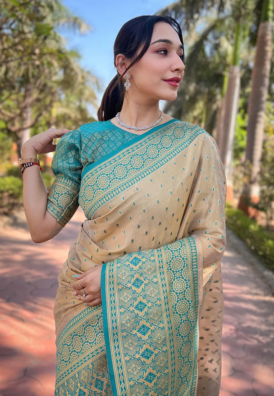 Beige Kanjeevaram Style Saree | Indian Sarees Online